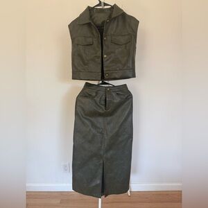 Olive Green pocket blouse and skirt PU set